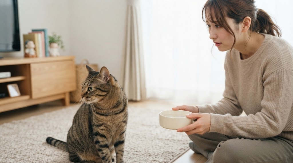 水を差し出す飼い主にそっぽを向く猫