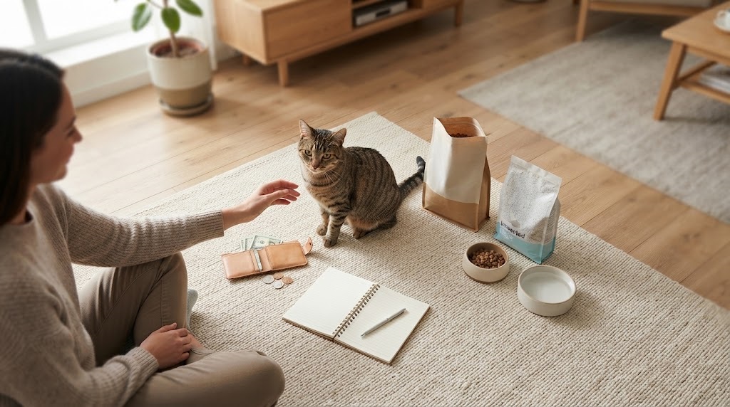 猫と飼い主、猫用品や財布などが写った猫の飼育費をイメージした画像