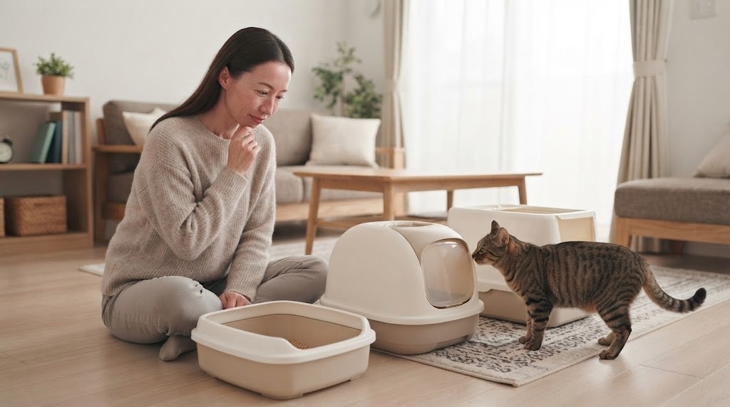猫用トイレを見ながら選び方に悩む飼い主