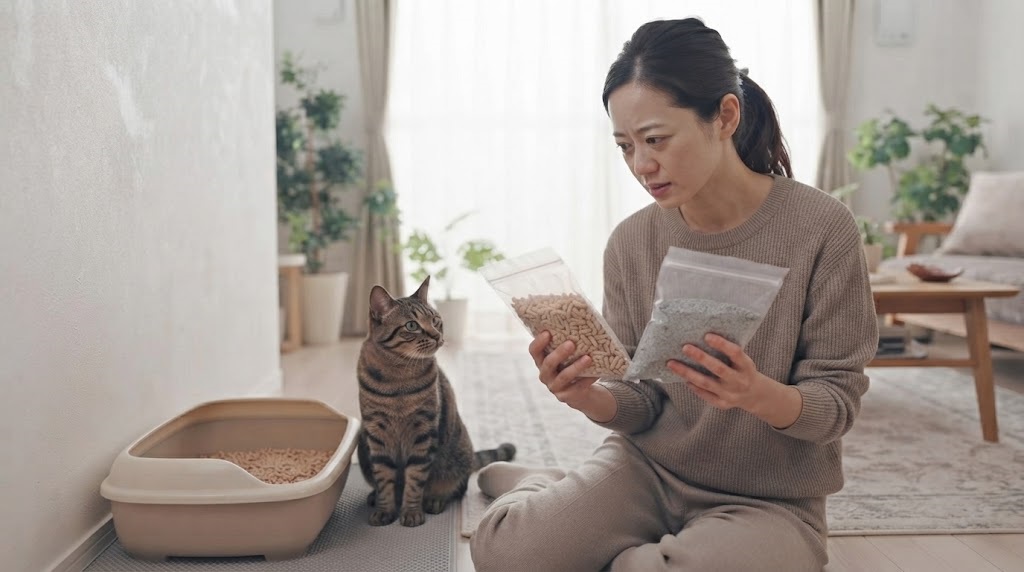 猫砂を手に取って比較する日本人の飼い主と猫