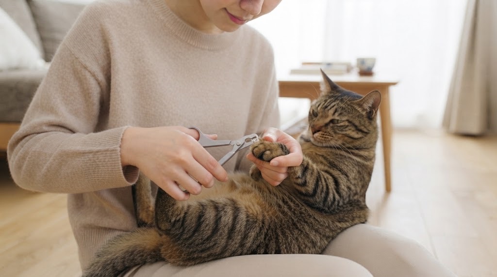 猫の爪を猫用爪切りで切る飼い主
