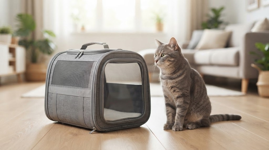 猫用キャリーケースの近くにいる猫