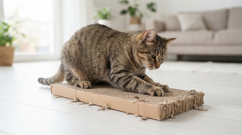 猫が猫用爪とぎを使っている様子