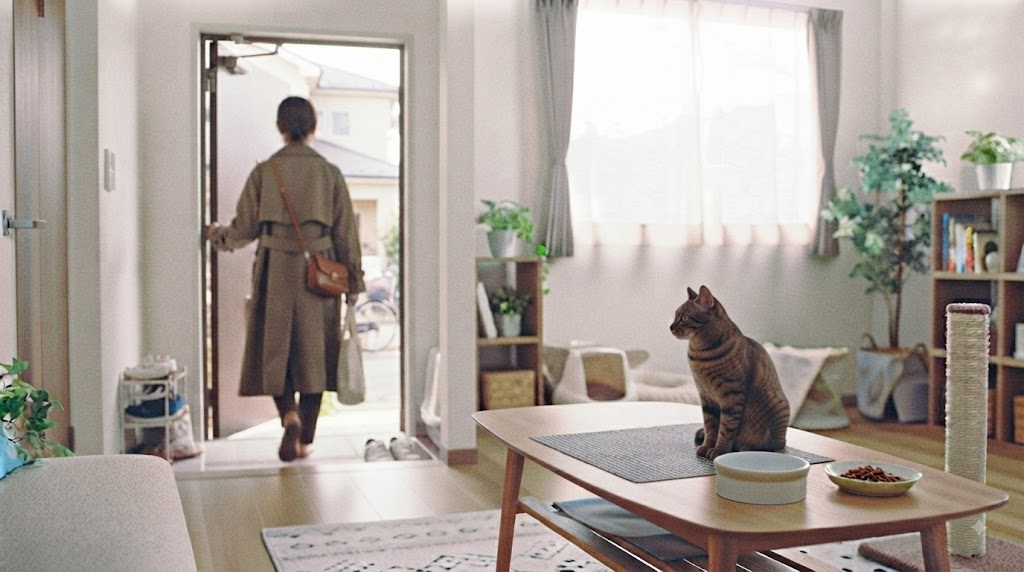 出かける飼い主を見つめる猫