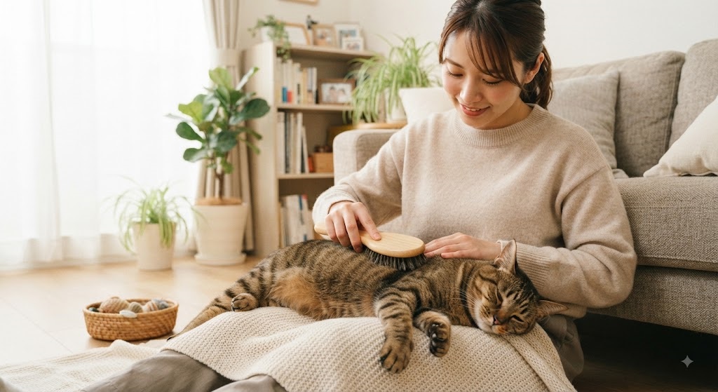 膝の上の猫をブラッシングする飼い主