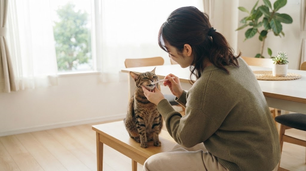 猫の歯磨きをする飼い主
