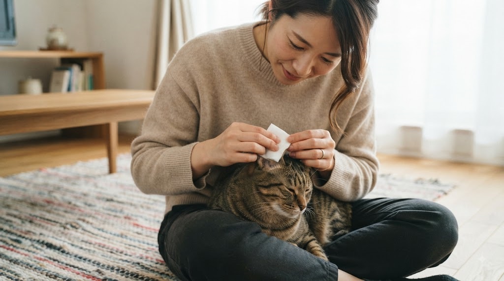 猫の耳掃除をしている飼い主