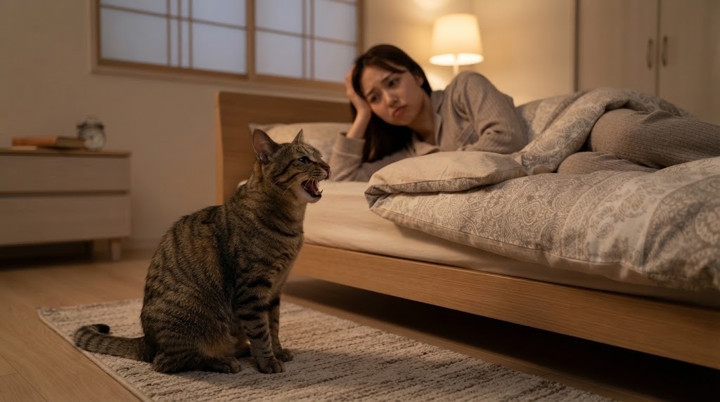 ベッドの横で鳴く猫と困った表情で見つめる飼い主