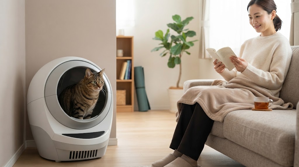 猫用自動トイレのメリットに関連する猫トイレの様子